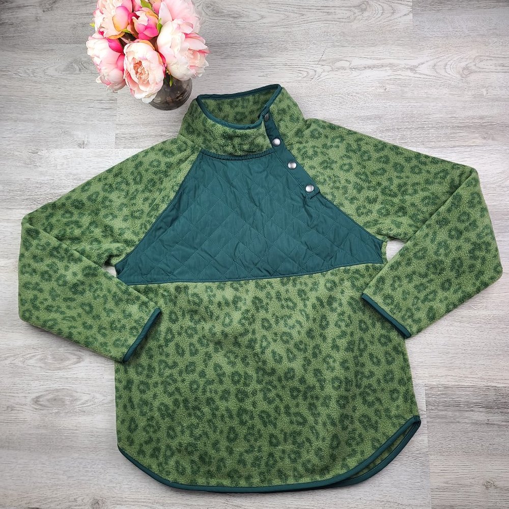 J. Crew Quilted Sherpa Button Neck Tunic Loden Green Leopard Print Small New